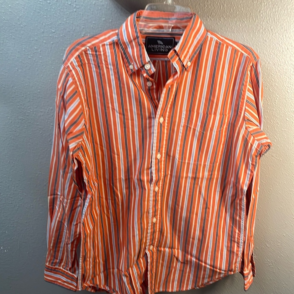 VTG Men’s American Living Coral & Blue Striped Button Down Classic Shirt